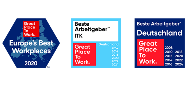 Logos: Europe's Best Workplaces, Beste Arbeitgeber ITK, Beste Arbeitgeber Deutschland