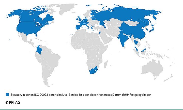 Übersichtskarte über Staaten mit ISO-20022-Live-Betrieb oder konkreter Planung