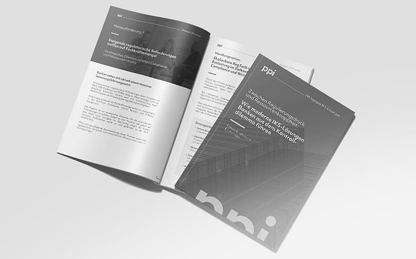 Wie moderne IKS-Lösungen Banken aus dem Kontroll-dilemma führen Abbildung des aufgeklappten Whitepapers als Vorschau